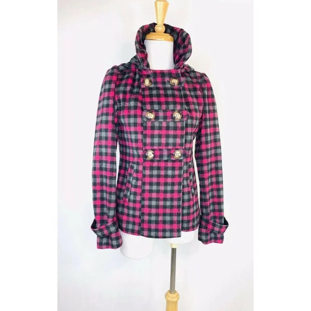 Pink Envelope Women’s Peacoat Hooded Plaid Double Breasted Look Jacket Small - Picture 4 of 11